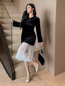 DAZY Women's Elegant Commuter Color Block Lace Patchwork Dress - Black and White - View 6