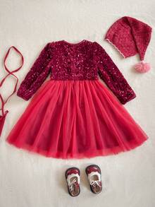 PrepCrw 年轻女孩优雅串珠网眼圆领泡泡袖派对连衣裙 - 紅色 - 查看 3