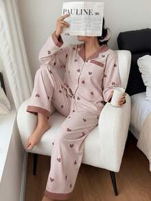 SHEIN 大码撞色领荷叶边爱心条纹长袖修身睡衣套装，女士冬季服装 - 彩色 - 查看 4