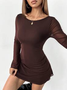 SHEIN PETITE Váy lưới tay kèn hở lưng gợi cảm mới cho nữ vào đầu thu - màu nâu - Xem 4