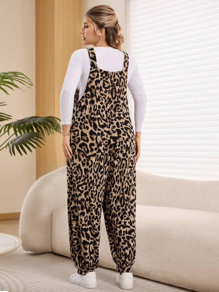 Plus Size Women Leopard Print Pocketed Wide Leg Loose Casual Jumpsuit,  Suitable For Spring And , Going Out Outfits,  New Clothes, Simple And Fashionable For Everyday Wear, Plus Size , Comfortable And Breathable,  Outfit For Women, New Year Clothes, Suitable For Multiple Occasions, , Date Night Outfits Women, Night Party, Elegant Party, Date Night Outfits Women, Thanksgiving Outfit For Women,