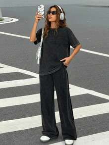 Muchica Autumn Winter Casual Crew Neck Short Sleeve Straight Leg Pants Distressed Wash Loose Outfit - Black - View 3