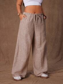 Rustia Quần dài đi nghỉ thường ngày chất liệu vải lanh, cạp chun co giãn cỡ lớn - Màu be - Xem 3