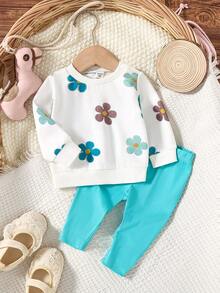 SHEIN Bộ 2 món đồ dễ thương cho trẻ sơ sinh: Áo nỉ dài tay cổ tròn in họa tiết đáng yêu và quần legging màu xanh lá cây, ngọt ngào và đáng yêu, thích hợp mặc hàng ngày và ngoài trời, mùa thu/đông - màu xanh lá - Xem 3