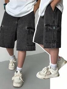 SHEIN Tween Boy Casual Washed Wide Leg Cargo Denim Shorts
