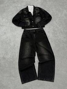 Manfinity EMRG Deconstructed Design Collar & Four-Button Closure Washed Black Denim Suit, European & American Style - Black - View 1