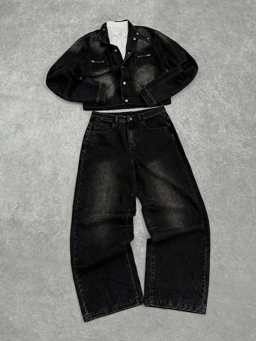 Manfinity EMRG Deconstructed Design Collar & Four-Button Closure Washed Black Denim Suit, European & American Style - Black - View 1