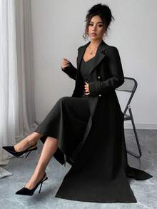 Elenzga 两件套麂皮吊带连衣裙和收腰外套，卡其色，修身收腰，优雅百搭，适合工作和约会 - 黑色 - 查看 3