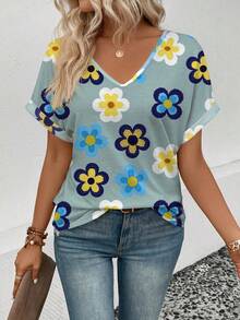 SHEIN LUNE Women's Floral Pattern V-Neck Short Sleeve T-Shirt, Spring/Summer - Multicolor - View 3