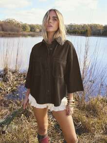 Aralina Áo denim dáng rộng, đơn hàng khuy, có túi, tay áo 3/4 dành cho nữ - Màu nâu Sô-cô-la - Xem 8