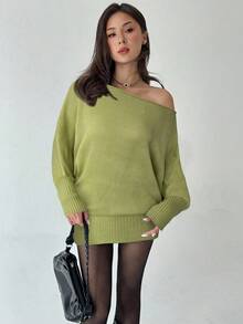Aloruh 芥末绿不对称肩部长袖针织修身迷你连衣裙 - 綠色 - 查看 7