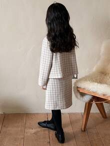 DAZY 2pcs Girls Plaid Jacket + Slim Fit Suspender Dress Set, Young Girl Fall Outfit - Apricot - View 5