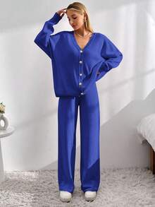 EURMUSE Drop Shoulder Cardigan & Tie Front Knit Pants - Royal Blue - View 4