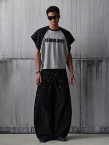 NEON BLANC Men's Graphic T-Shirt, Super Loose Cropped Waffle Sleeveless Tank Top - Grey - View 6