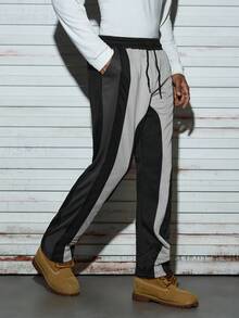 Modcrash Pantaloni largi pentru bărbați, cu model patchwork, în culori contrastante, cu șnur, pentru toamnă, primăvară și vară - Gri inchis - Vizualizare 2