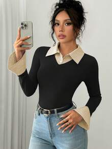 SHEIN PETITE 优雅通勤连体衣，AB拼接领，喇叭袖口，长袖，半开襟，条纹，多色，女款，秋冬 - 黑色 - 查看 5