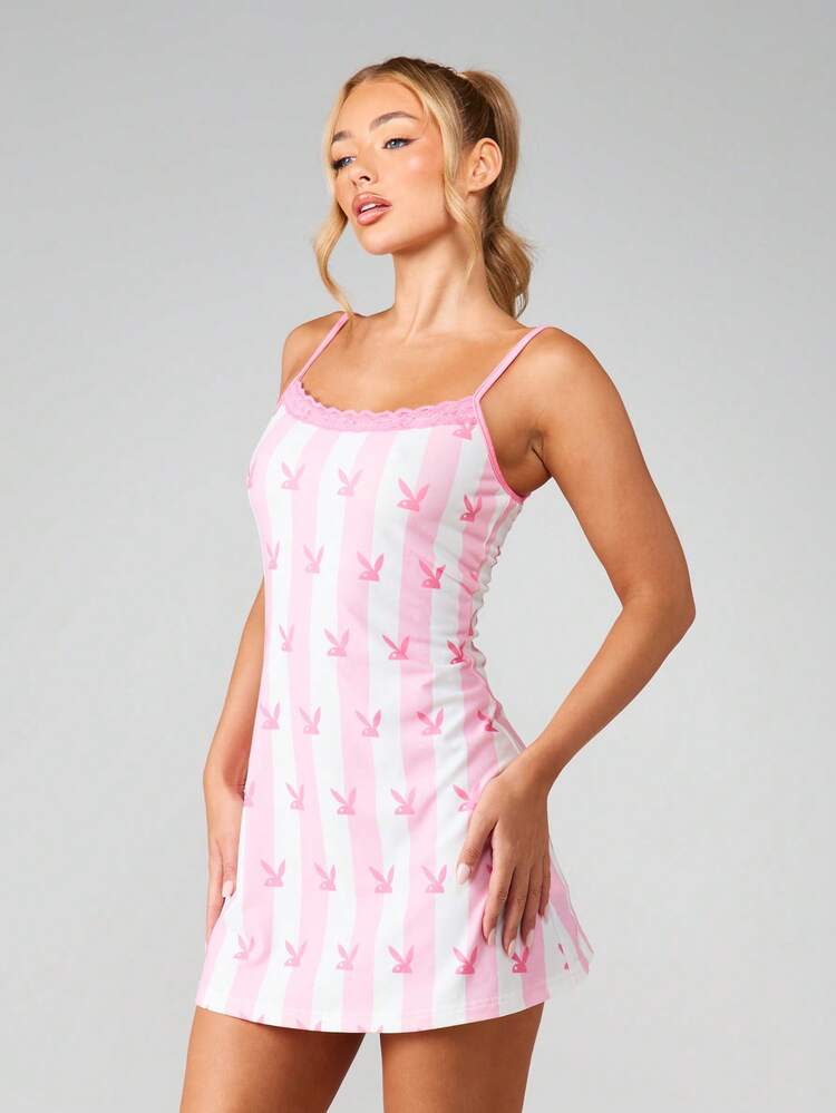 Missguided x Playboy Bunny Print Cami Sleep Dress With Lace Trim And Adjustable Straps For Women Sleepwear Nightgown