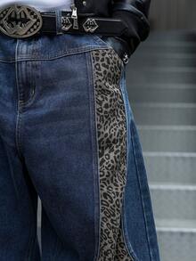 Manfinity EMRG Leopard Print Patchwork Pocket Casual Wide Leg Jeans - Blue - View 3