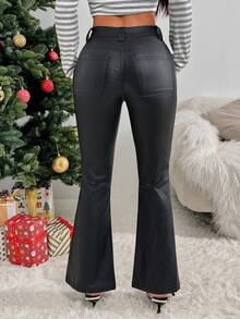 SHEIN EZwear 女士时尚百搭纯色涂层喇叭裤 - 黑色 - 查看 2