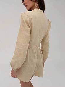 Aloruh Bộ đồ liền thân ống loe cổ chữ V sâu tay bồng bằng cotton dành cho nữ, trang phục đi làm - Màu be - Xem 2