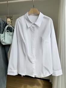 CovetEZ 加大码性感简约修身腰部凸显白色衬衫，女士秋季服装白色衬衫优雅商务休闲女式衬衫女式白色纽扣衬衫 - 白色 - 查看 6