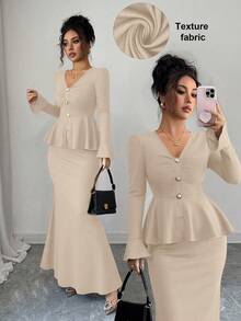 Elenzga Elegant & Chic French Style Deep Brown Textured Fabric, Fitted V-Neck With Metal Buckle Decor, Flared Sleeve & A-Line Hem Top With Bodycon Fish Tail Hem Skirt 2-Piece Set For Women - Light Yellow - View 1