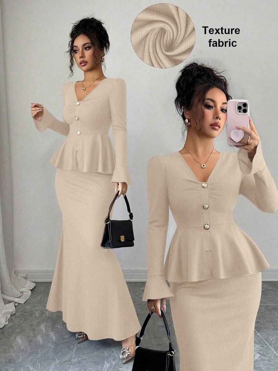 Elenzga Elegant & Chic French Style Deep Brown Textured Fabric, Fitted V-Neck With Metal Buckle Decor, Flared Sleeve & A-Line Hem Top With Bodycon Fish Tail Hem Skirt 2-Piece Set For Women - Light Yellow - View 1