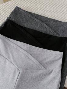 SHEIN Genkimix Kids 3件套女童基础款黑色、深灰色和浅灰色碎花高腰喇叭裤，适合春、秋、冬季日常穿着。女童喇叭裤/打底裤 - 彩色 - 查看 3