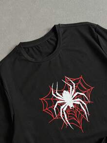 Manfinity Roghcode Black Knitted Men Short Sleeve T-Shirt With Round Neck & Spider Graphic, For Going Out - Black - View 2