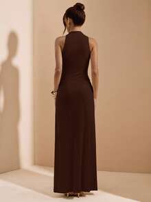 SHEIN BAE Váy bó sát không tay màu mơ, váy dài gợi cảm và thanh lịch cho kỳ nghỉ biển, mùa xuân/hè - Cà phê nâu - Xem 2