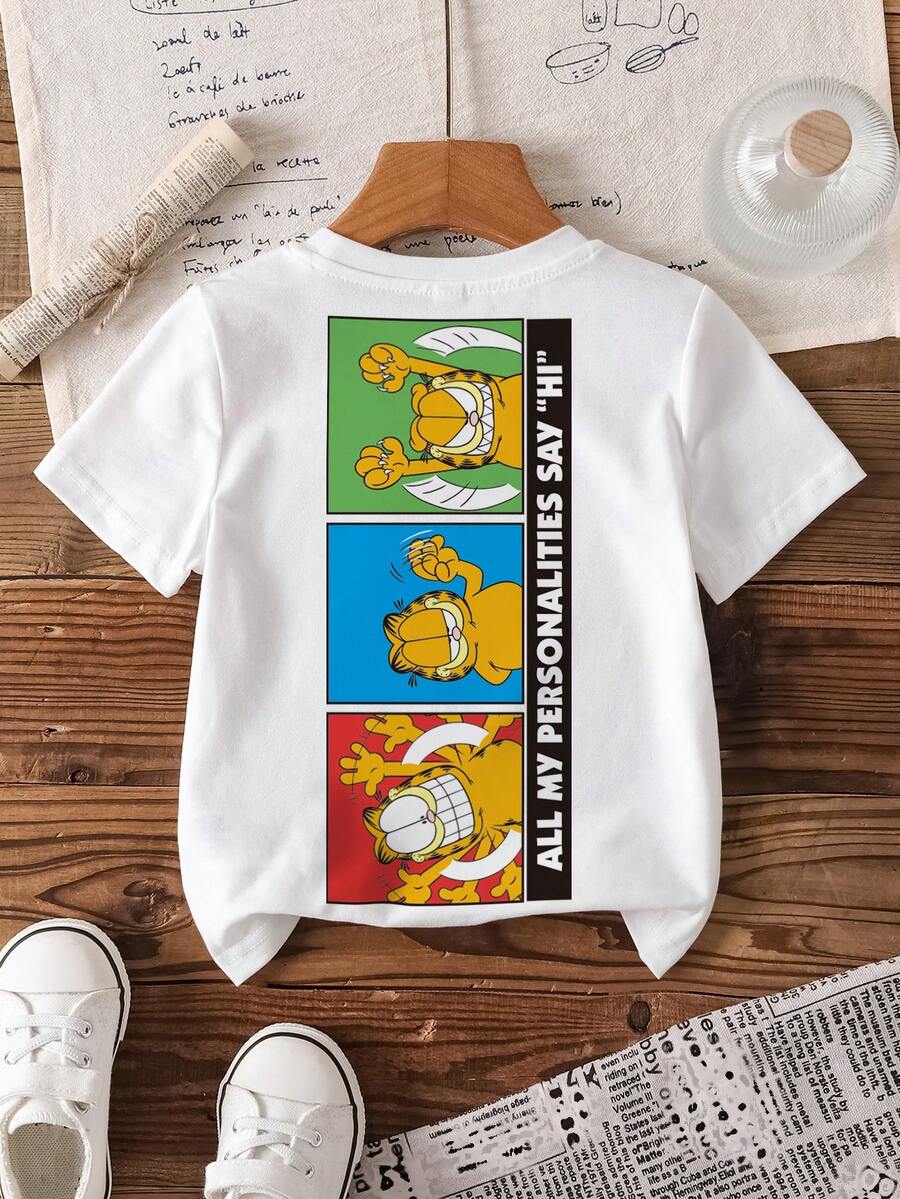 GARFIELD | SHEIN Young Boy Summer Cute Cartoon Slogan Print Short Sleeve White T-Shirt, Casual Daily Wear - White - View 1