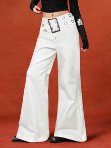 LYSMO 2025新款极简秋季复古宽松白色高腰阔腿裤，配金属孔眼腰带 - 白色 - 查看 4