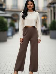 Mujer pantalón casual moderno tejido suave fit holgado cintura elástica pierna ancha primavera-verano uso diario pantalones largos - Marrón claro - Ver 1