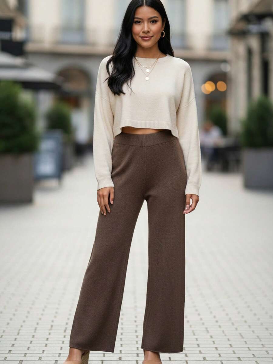 Mujer pantalón casual moderno tejido suave fit holgado cintura elástica pierna ancha primavera-verano uso diario pantalones largos - Marrón claro - Ver 1