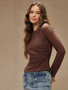 WESTFADE Western Cowgirl Lace Boatneck Ruched Split Side Semi Sheer Fitted Long Sleeve T-Shirt Spring Break - Coffee Brown - View 2