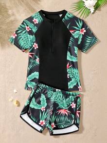 SHEIN Bộ bikini hai mảnh in họa tiết nhiệt đới cho bé gái tuổi teen, áo tankini hai dây và quần bơi, áo chống nắng cho bé gái tuổi teen, áo chống nắng tay ngắn cho bé gái tuổi teen, bộ đồ bơi mùa hè màu hồng cho thanh thiếu niên, đồ bơi cho tuổi teen, đồ bơi một mảnh tay ngắn cho bé gái tuổi teen, đồ bơi mùa hè giữ nhiệt, đồ bơi cho Giáng sinh, lễ hội, năm mới, ngày Valentine. - màu đen - Xem 2