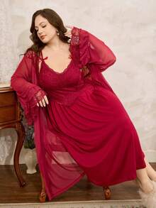 Côtesoire French Romantic Elegant Lace Contrast Mesh Robe, Knitted Lace Camisole Long Plus Size Sleepwear Set - Burgundy - View 5
