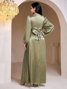 女士圆领灯笼袖腰部褶皱设计优雅派对连衣裙 - 綠色 - 查看 3