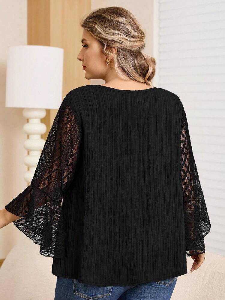 Plus Size Women Elegant Commuter Solid Color Lace Patchwork Blouse, Suitable For Spring And Autumn, Going Outs, 2025 New , Simple And Fashionable For Everyday Wear, Plus Size Winter , Comfortable And Breathable, Christmas For Women, New Year , Suitable For Multiple Occasions, Christmas, Date Nights Women, Thanksgiving For Women, Suitable For Valentine's Day