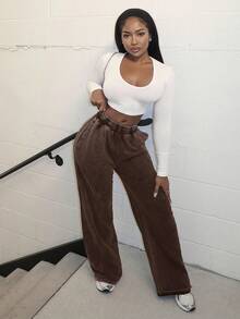 Alexandranx Quần thể thao rộng rãi cạp chun màu trơn cho nữ - màu nâu - Xem 5