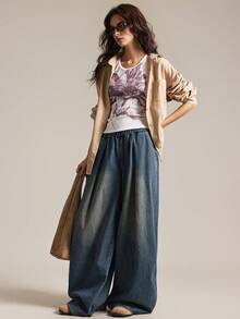 Easelle Quần jean ống rộng sọc xanh giặt thường ngày cho nữ - Rửa tối - Xem 6