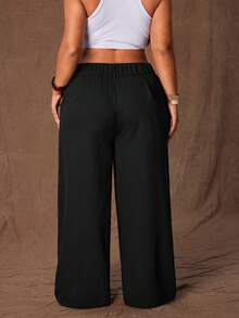 Rustia 大码女式休闲纯色口袋宽松裤，百搭 - 黑色 - 查看 2