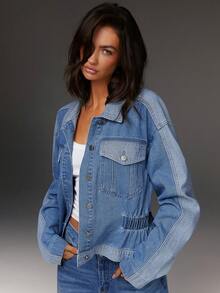 Athîral Denim 女士休闲翻领收腰蓝白撞色牛仔夹克，适合通勤、工作和特殊场合。 - 淺色水洗藍 - 查看 2