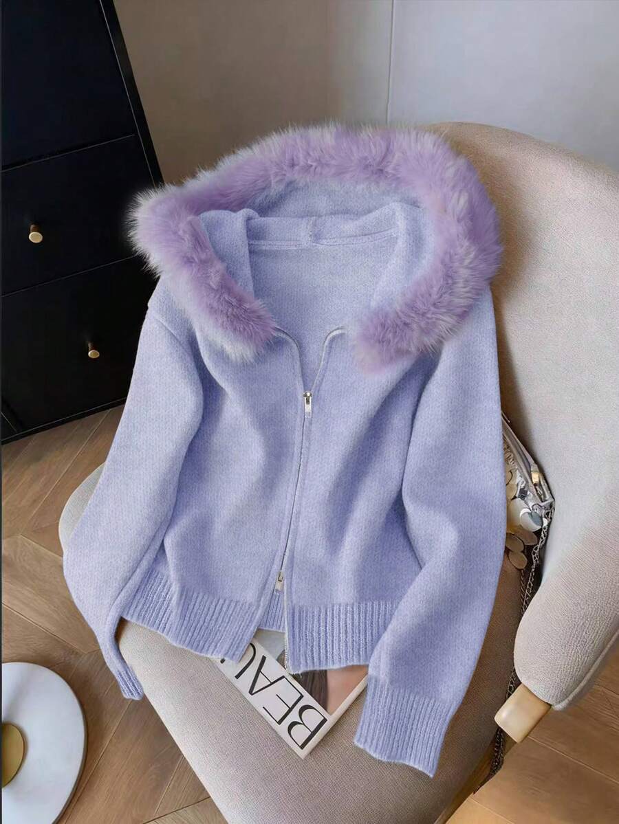 GlowEve Áo khoác cardigan tối giản màu trơn có mũ trùm đầu bằng vải nhung có khóa kéo dành cho nữ - Màu tím hoa cà - Xem 1