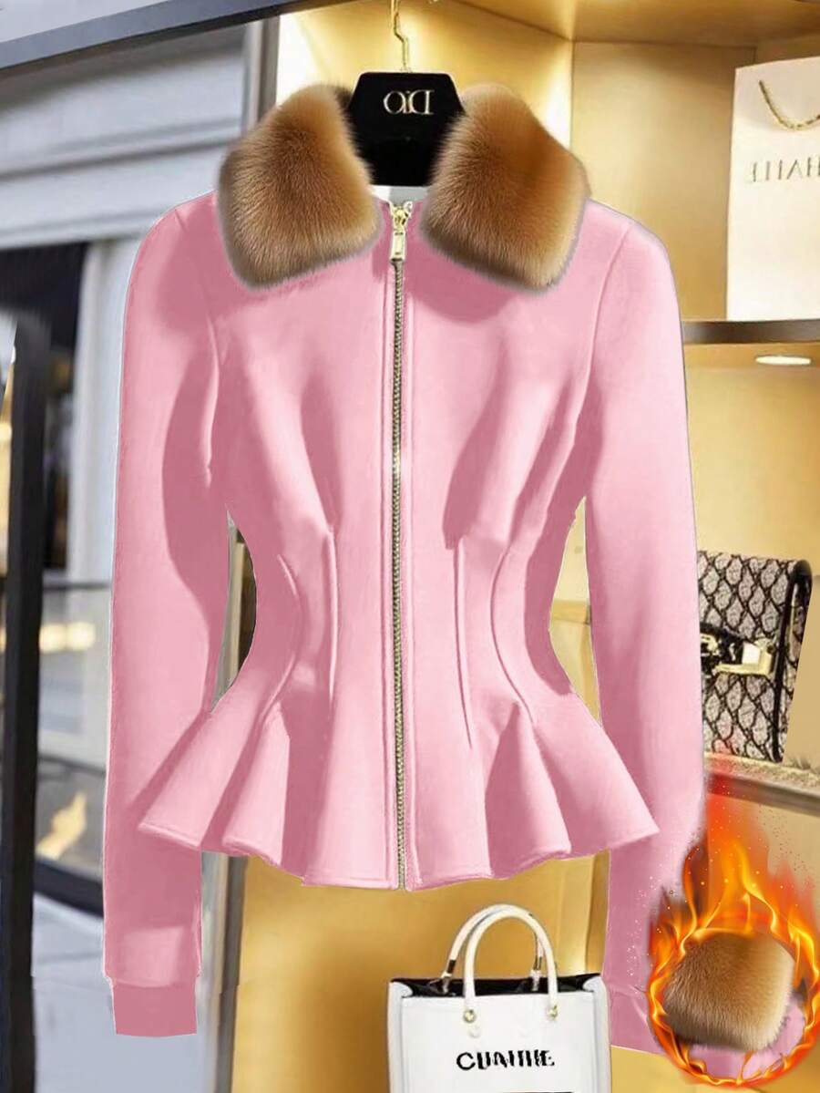 GlowEve 女士休闲卫衣，带毛领、拉链前襟和荷叶边下摆 - 粉色 - 查看 1