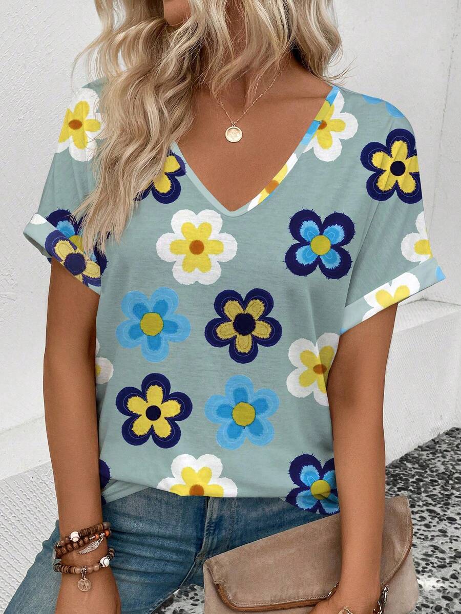 SHEIN LUNE Women's Floral Pattern V-Neck Short Sleeve T-Shirt, Spring/Summer - Multicolor - View 1