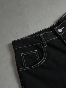 Manfinity ZONE917 男士深黑色水洗哥特式刺绣宽松街头风格短裤 - 黑色 - 查看 7