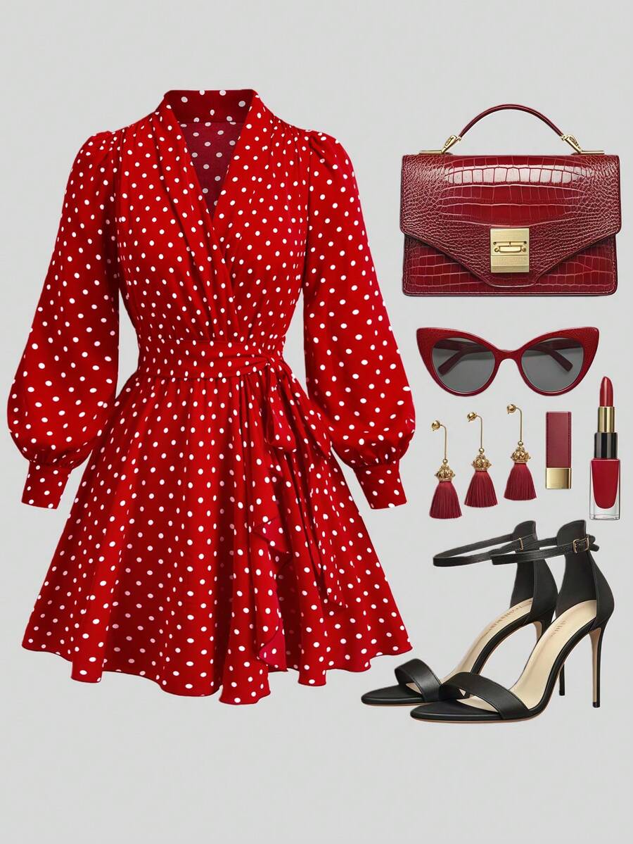 SHEIN Clasi 优雅灯笼袖V领系腰A字喇叭下摆大码女式连衣裙 - 紅色 - 查看 1