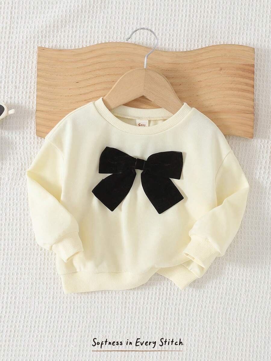 Cozy Pixies 女婴爱心图案针织柔软圆领长袖套头卫衣 - 杏色 - 查看 1