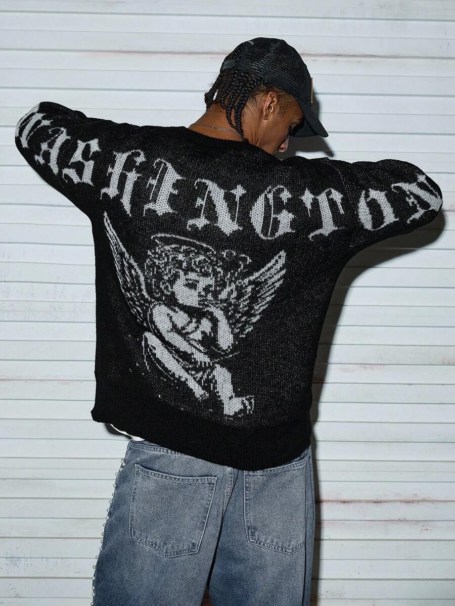 Modcrash 男士秋冬新款个性化天使卡通图案提花休闲复古百搭圆领长袖毛衣 - 黑色 - 查看 1